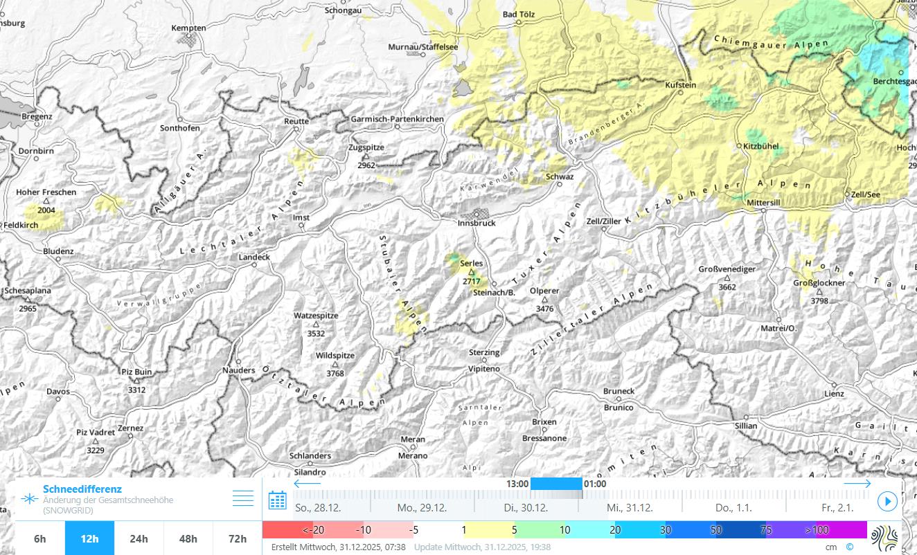 Der Schneezuwachs hielt sich während der vergangenen Woche (wieder einmal) in Grenzen. Der Nordosten bekam etwas Schnee dazu.