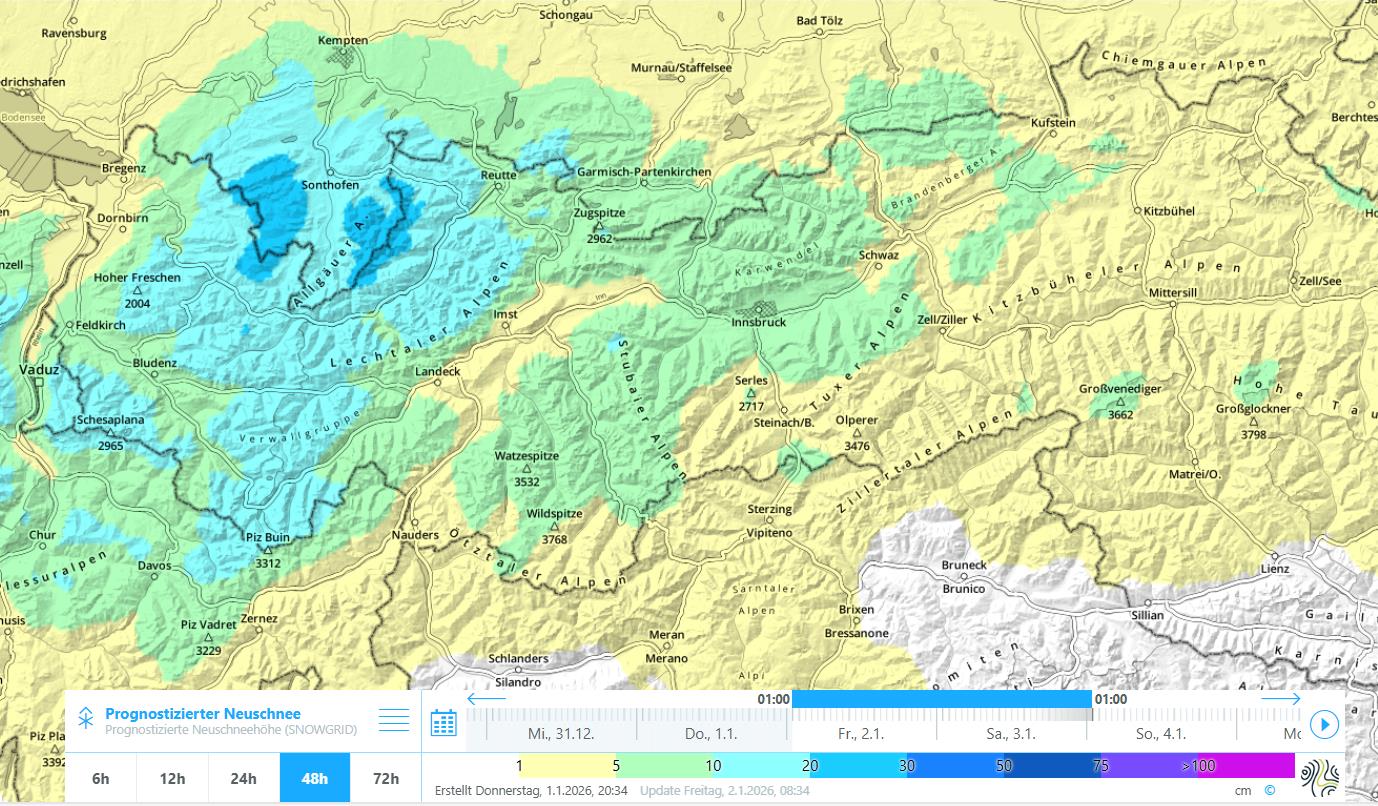 48h Neuschneeprognose. Im Westen und Nordwesten ist im Verhältnis am meisten Neuschnee zu erwarten.