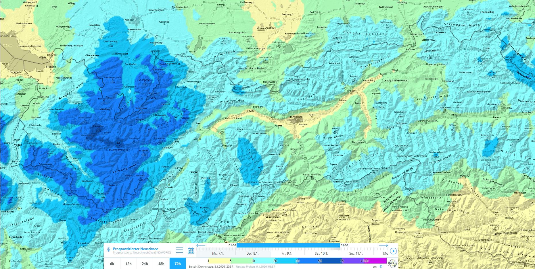 3-Tages-Neuschneeprognose. Im Westen des Landes ist mit etwa einem halben Meter Schnee zu rechnen.