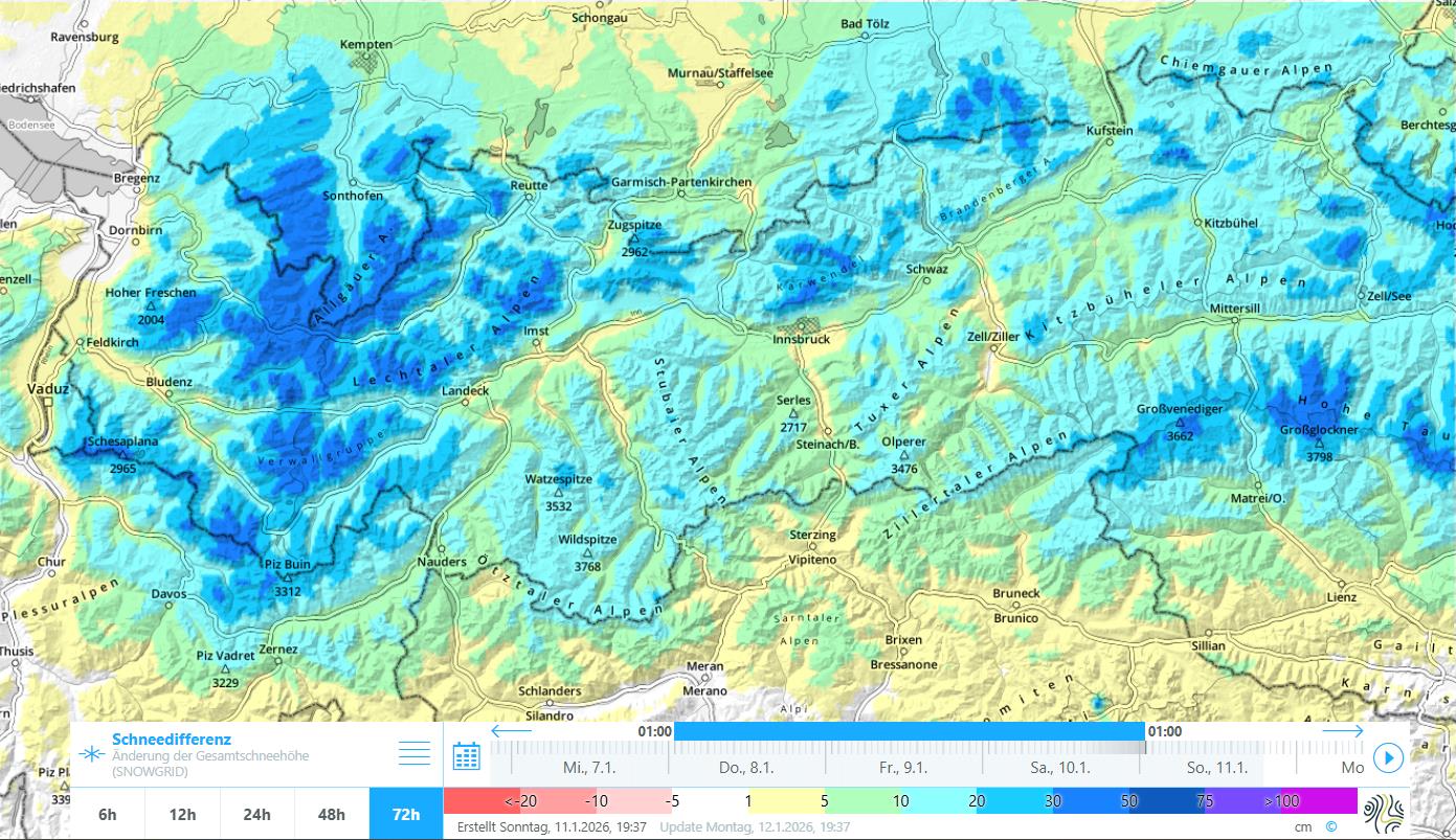 72h Schneedifferenz für Tirol: Der Niederschlagsschwerpunkt lag im Westen, Norden und Nordosten.