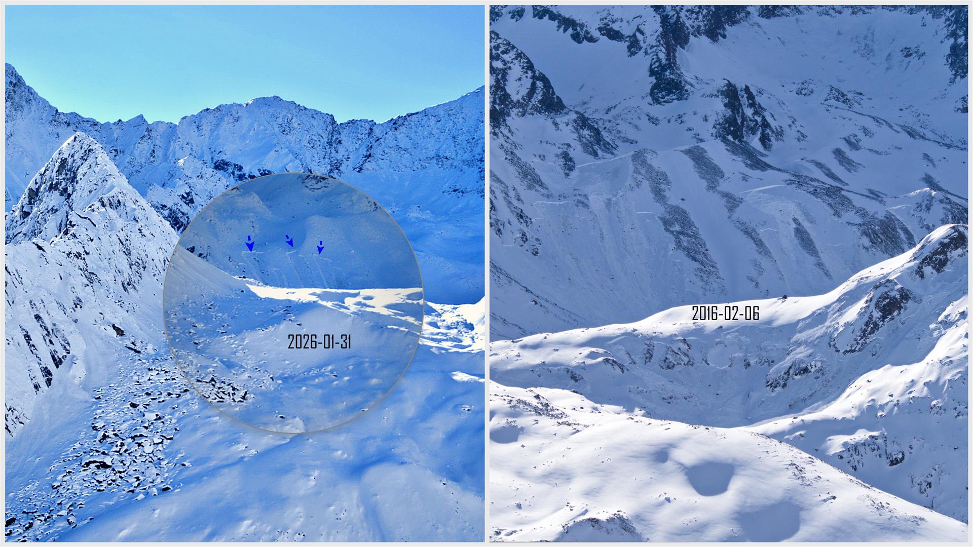 Sehr passend der Vergleich mit dem Winter 2015-2016 (sehr schneearm, ausgeprägtes Altschneeproblem). Stiergschwez, Stubaier Alpen (© Horst Fankhauers, 31.01.2026 und 06.02.2016)
