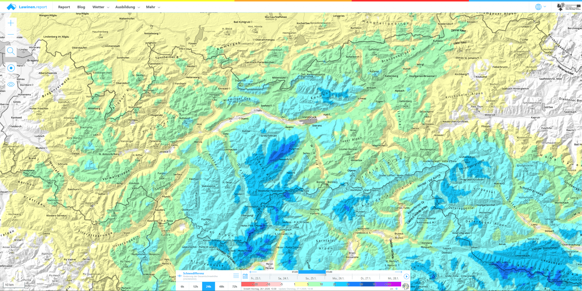 24h-Schneedifferenz am Sonntag, den 26.01.2026