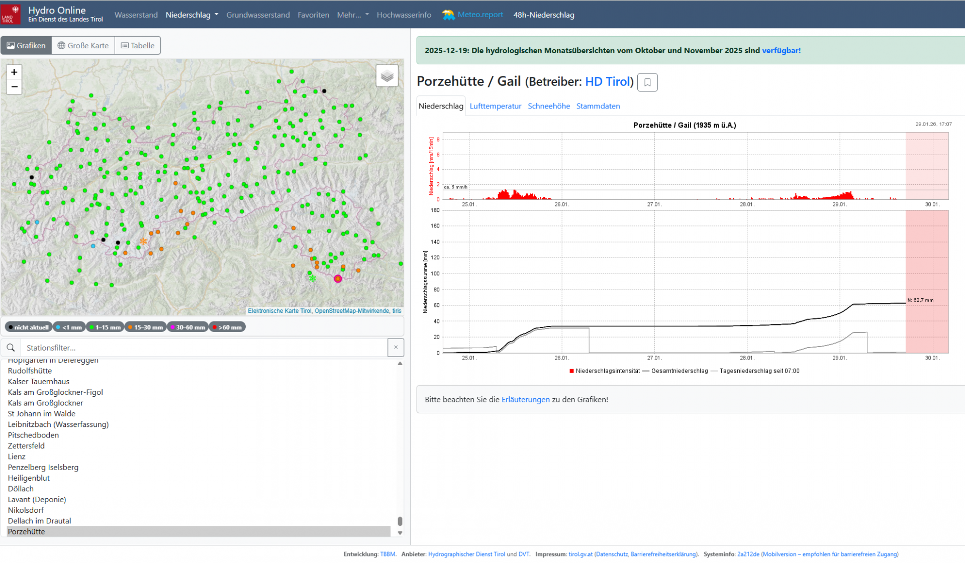 Weitere Schneefälle folgten bis zum 29.01.2026 (sh. 48h-Niederschlag auf der Kartendarstellung). In Summe am meisten geschneit hat es am Karnischen Kamm im Bereich der Porzehütte(© Hydro Online).