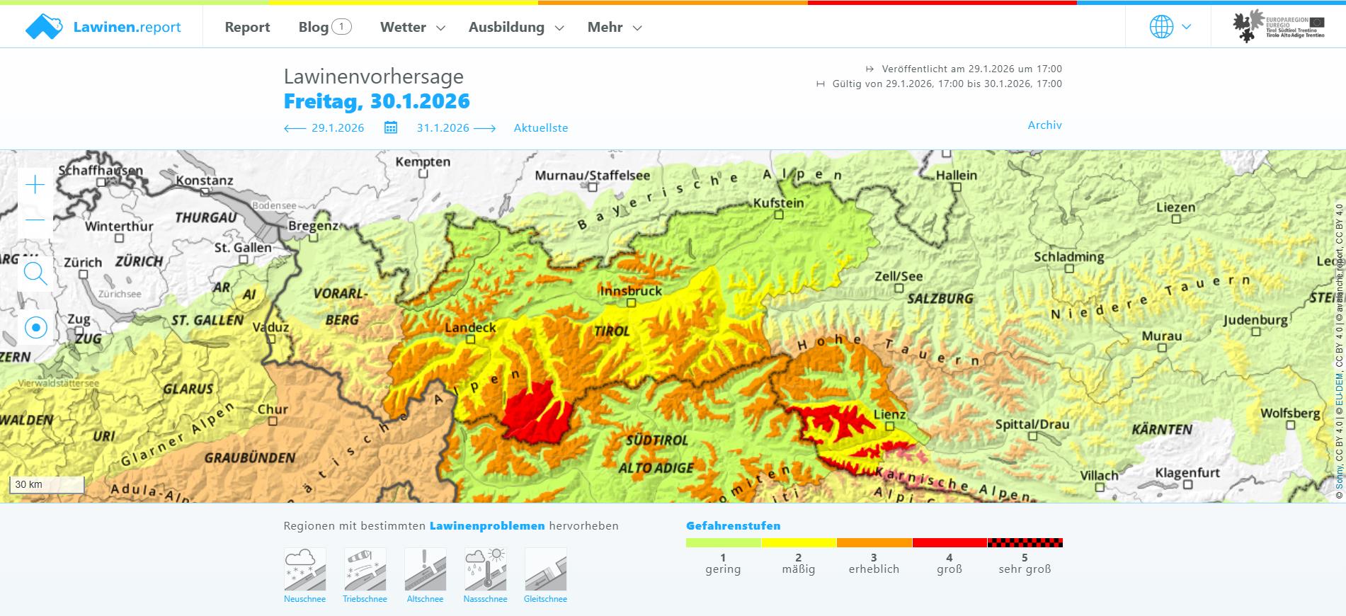 Gefahrenstufenkarte vom 30.01.2026
