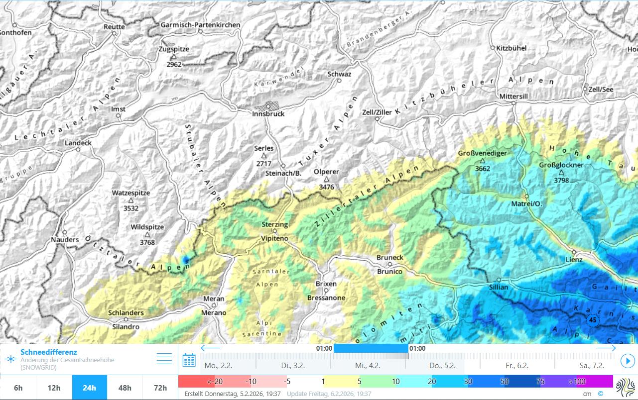 24h Schneedifferenz vom 04.02. auf den 05.02.2026