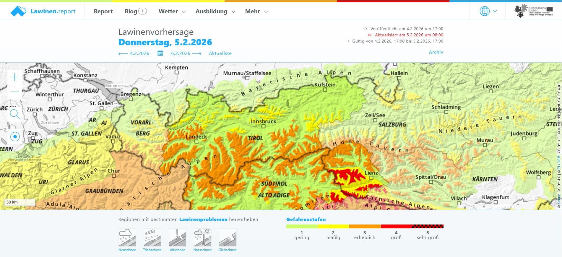 Gefahrenstufenkarte vom 05.02.2026