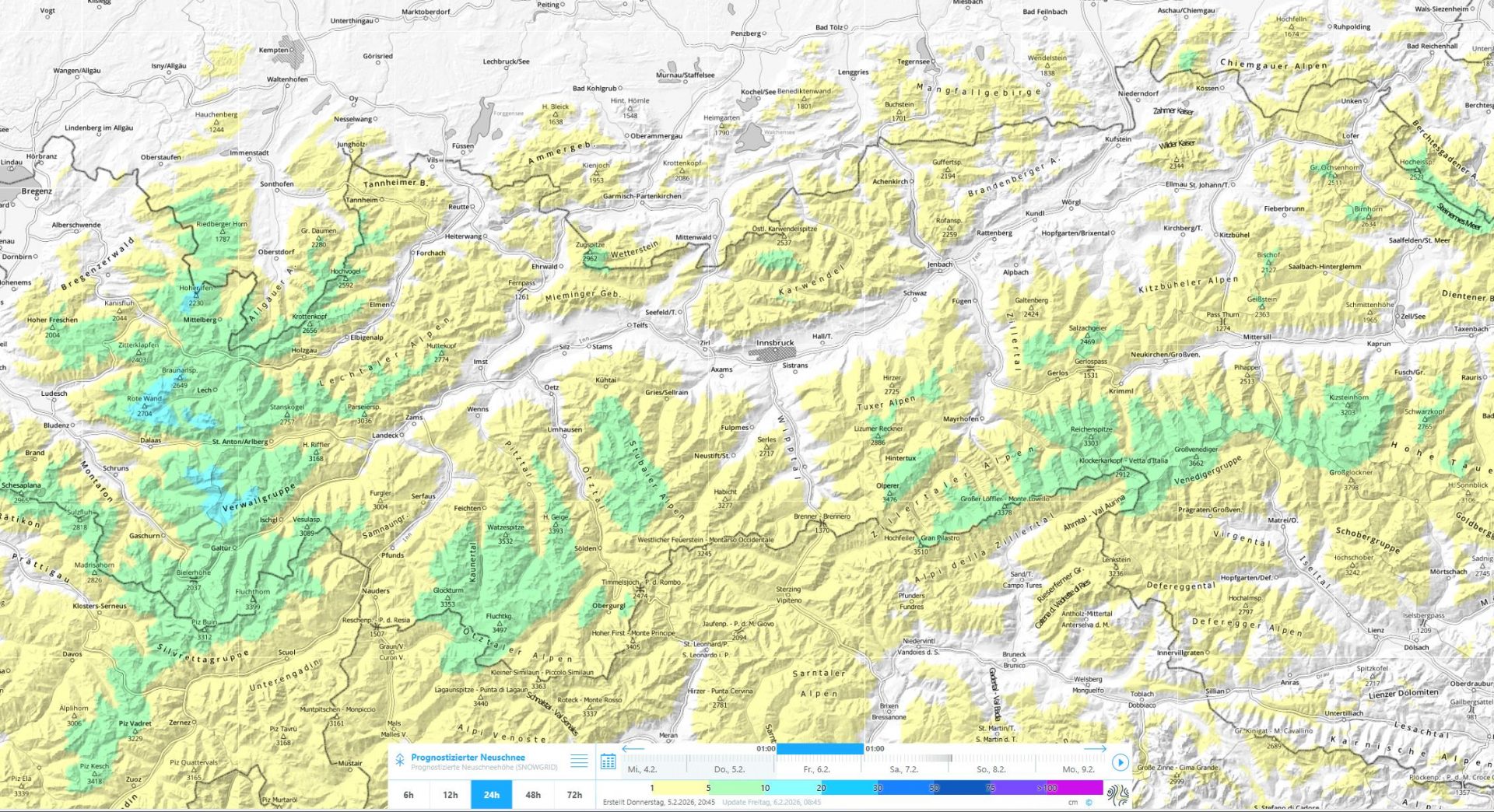 Etwas Neuschnee in weiten Teilen Tirols. 24h Prognose  06.02.2026