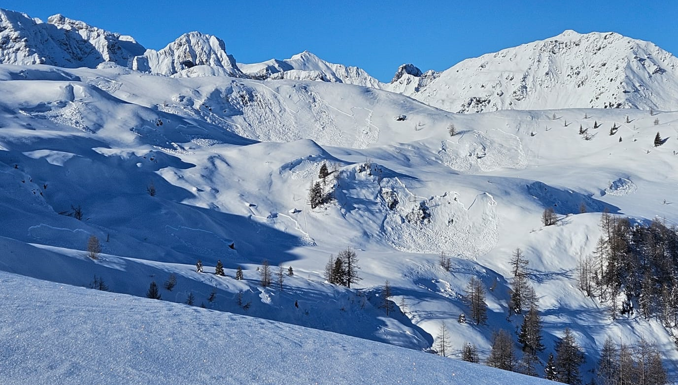 Eindrückliches Bild aus den Karnischen Alpen in Osttirol: Mit dem Schneefall vom Mittwoch, 04.02. wurde Oberflächenreif eingeschneit, welcher als sehr störanfällige Schwachschicht fungierte und zu zahlreichen spontanen Lawinenabgängen führte. Einige dieser Schneebrettlawinen rissen bis in das bodennahe Altschneefundament durch (©Gerhard Figl, 08.02.2026).