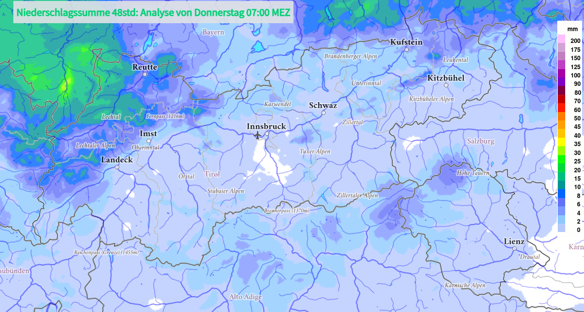 In den vergangenen 48 Stunden hat es v.a. im Bereich der Lechtaler und Allgäuer Alpen etwas geschneit (©GeoSphere Austria)